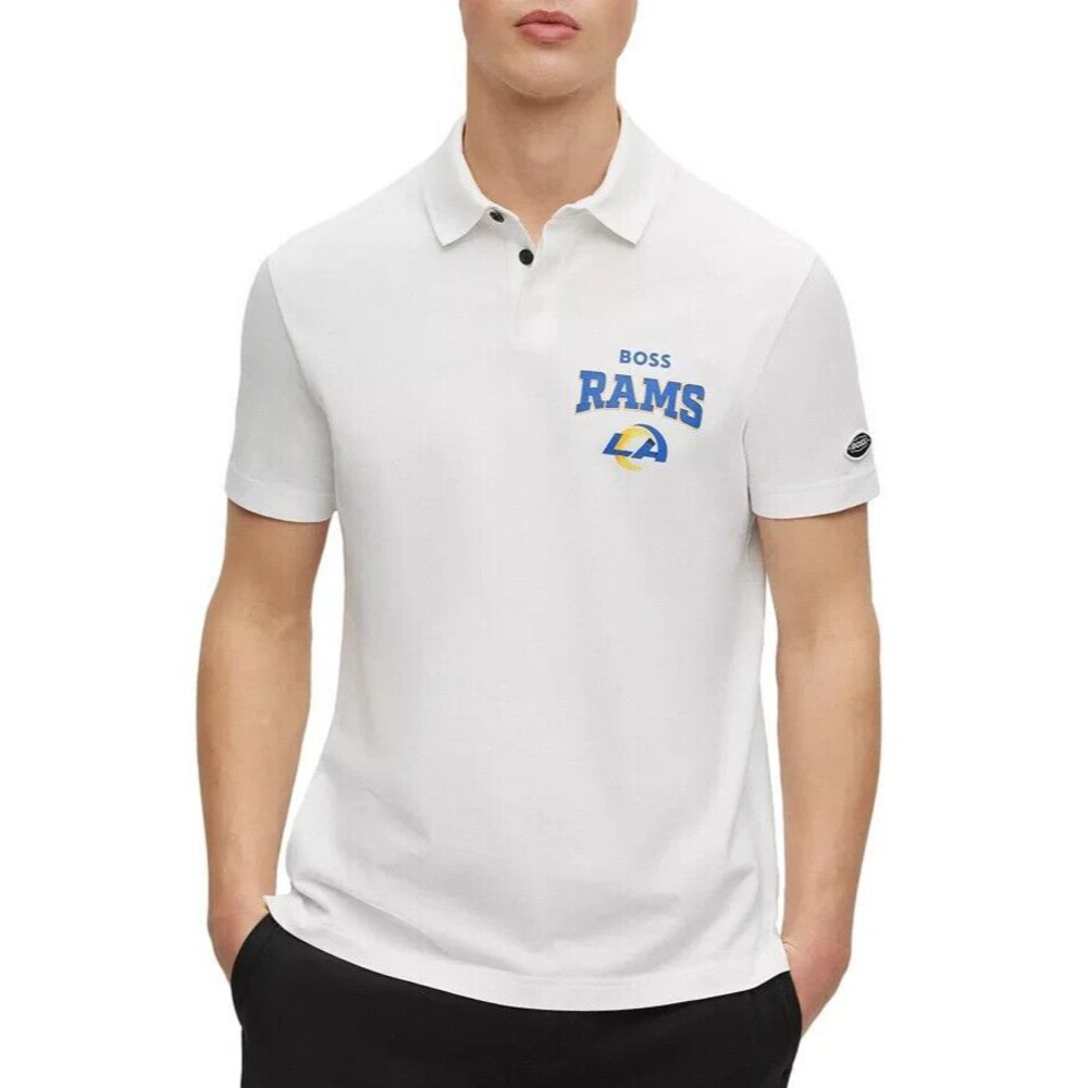 LOS ANGELES RAMS Mens Polo Shirt Large White Pullover HUGO BOSS Football NFL